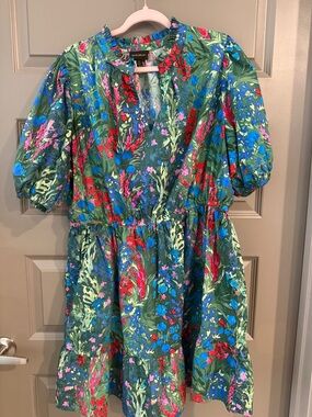 Sugarlips Green Floral Mini Dress with Blue & Red Accents